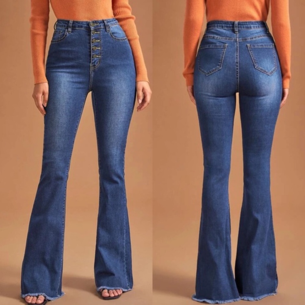 high waist Medium Wash button fitted denim bell bottom jeans - Picture 2 of 12